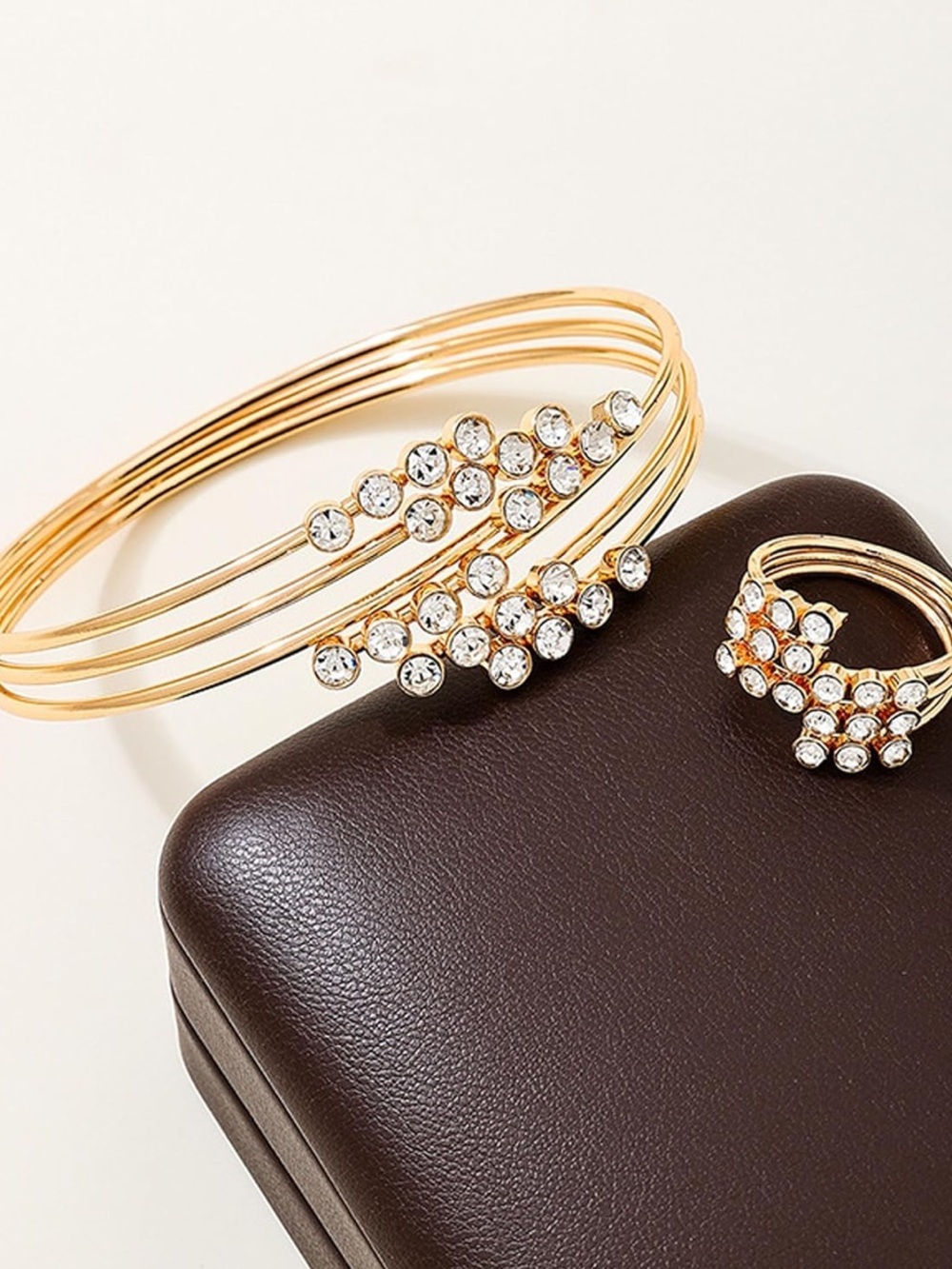 Elegant Crystal Cascade Gold Bangle and Ring Set